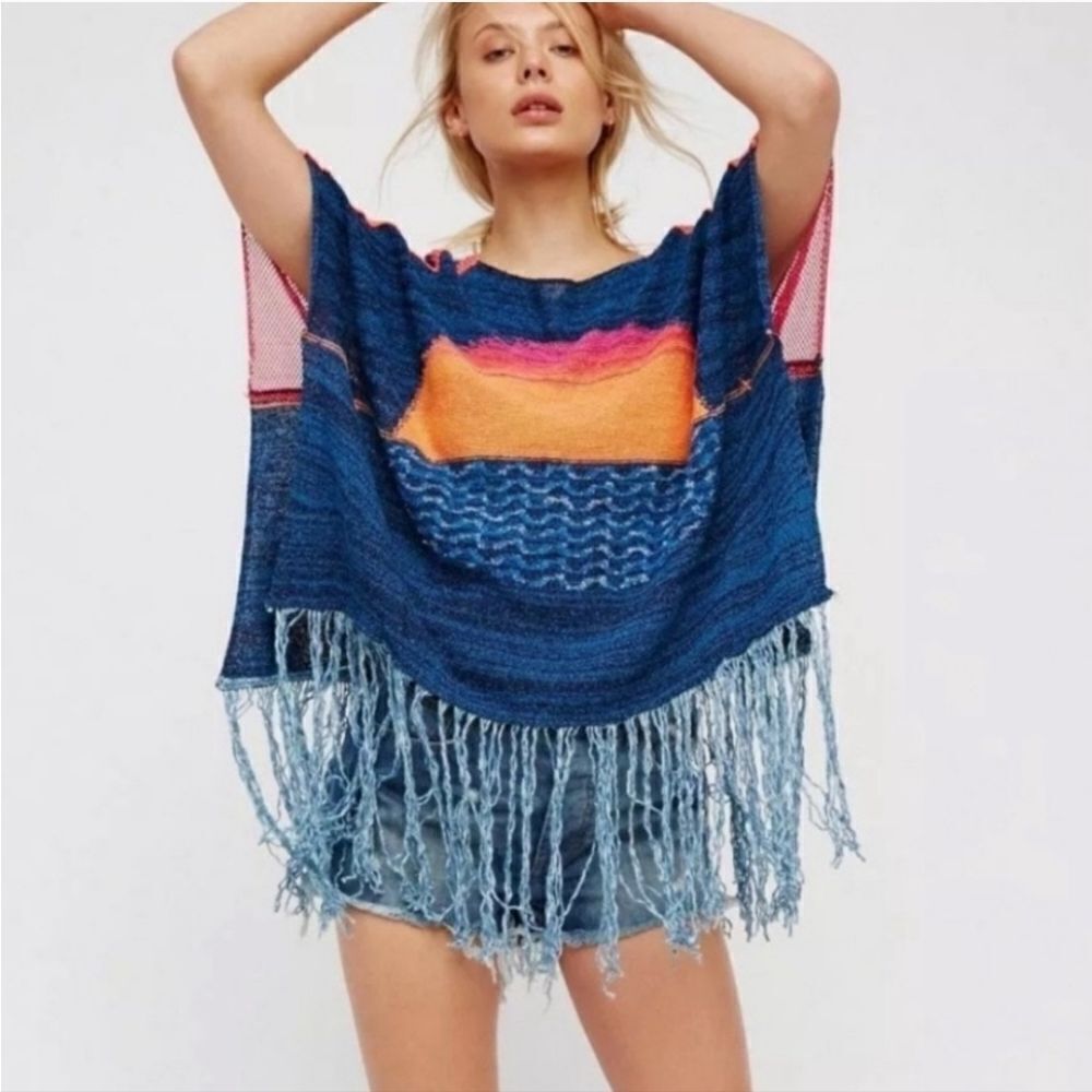 FREE PEOPLE RARE Boho Sunset Knit Rainbow Fringe Trim Poncho Sweater XS